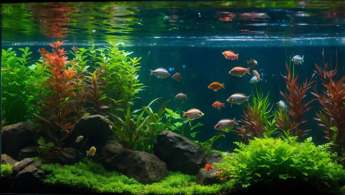 Aquários asiáticos para criação de gouramis com plantas flutuantes naturais