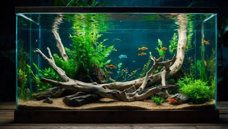 Aquários com troncos e folhas secas para simular ambiente amazônico de peixes neon