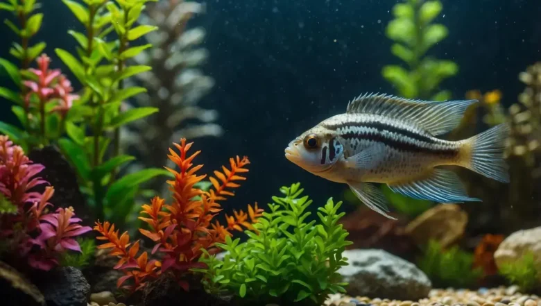 Aquários de ciclídeos anões apistogramma com substrato de cascalho escuro