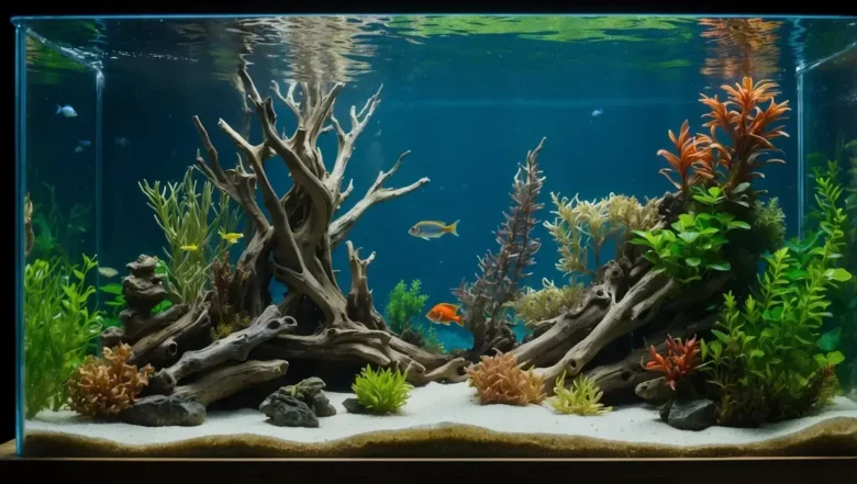 Decoração com troncos para aquários plantados com peixes de cardume pequenos