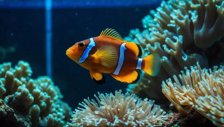Montagem de aquários marinhos com foco em peixes anêmona e iluminação de espectro azul