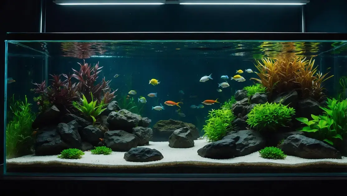 Uso de cascalho escuro em aquários plantados para realçar cores de peixes ornamentais