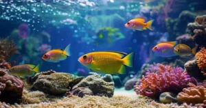 Aquários marinhos com peixes goby e substrato arenoso para comportamento natural