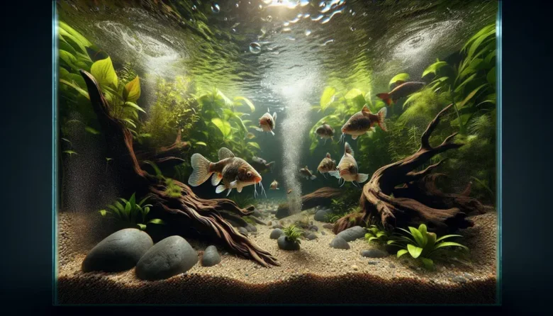 Aquários de água doce com peixes de fundo e circulação suave para conforto das espécies