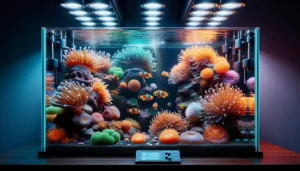 Aquários marinhos para peixes palhaço com anêmonas artificiais e iluminação controlada