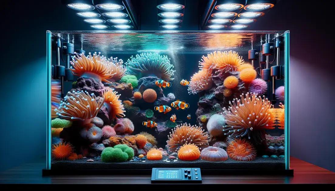 Aquários marinhos para peixes palhaço com anêmonas artificiais e iluminação controlada