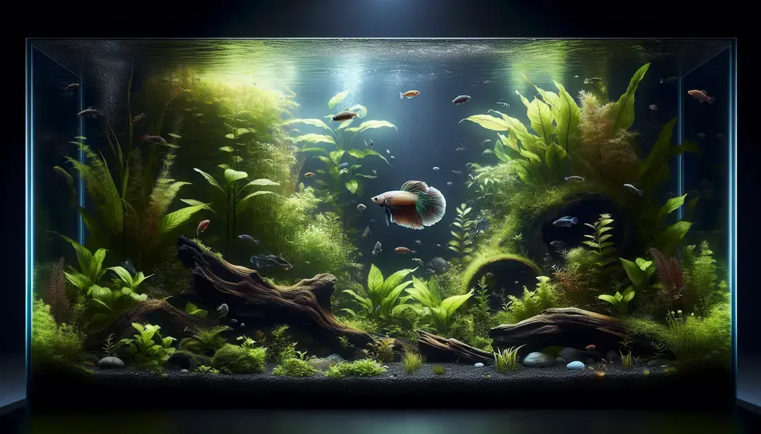 Montagem de aquários para bettas fêmeas em comunidades com plantas naturais densas