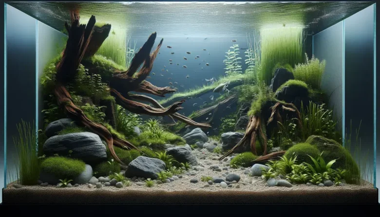 Montagem de aquários plantados com hardscape natural usando troncos e rochas