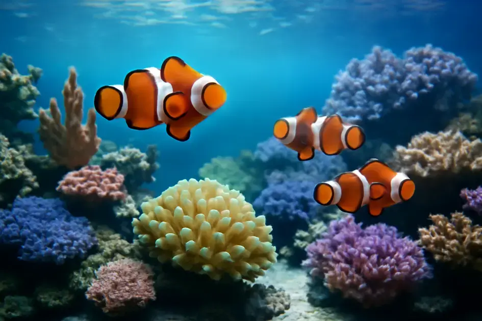Peixes-palhaço criados em aquários marinhos com corais